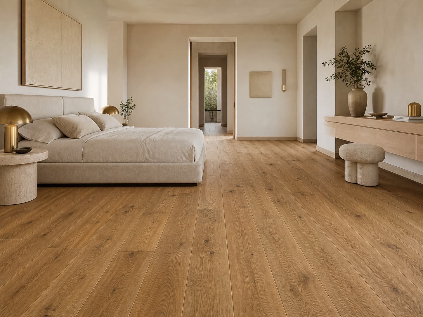 Completed bedroom with matching warm oak flooring installation